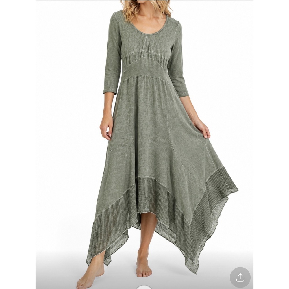Inizio Women's M Linen Midi Dress Green 3/4 Sleeve Handkerchief Hem Lagonlook